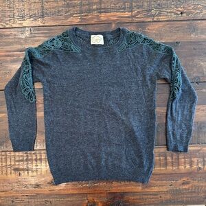Soft Crew Neck Charcoal Sweater with eyelet lace detail at arm. Size M/L. EUC.